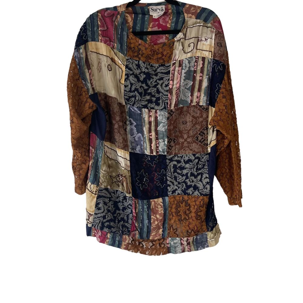 Surya Vintage 90s Women's Size Large Patchwork‎ Beaded Long Sleeve Blouse